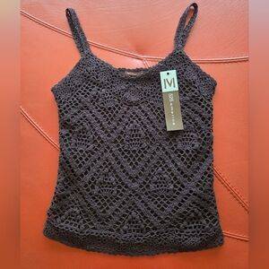 525 America, Chocoalte Brown Crocheted Linen Cotton Tank with lining. sz. M NWT